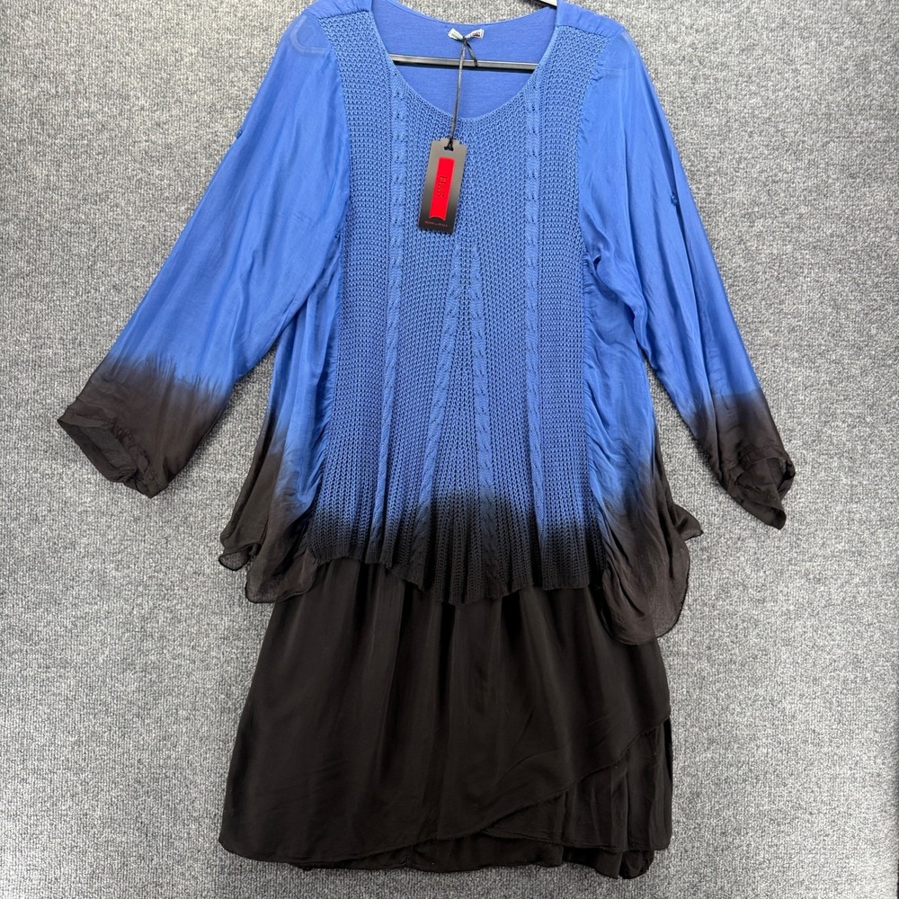 H&3 Made Italy Dress Womens L Blue Black Silk Layered Tunic Lagenlook Minimalist